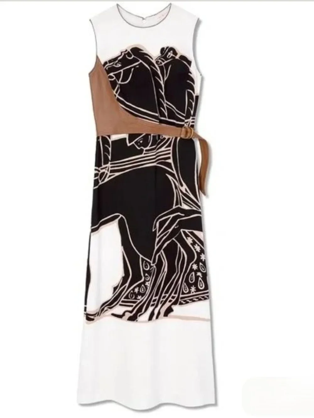 Tory Burch Sleeveless Horse-print Midi Dress with Leather Belt